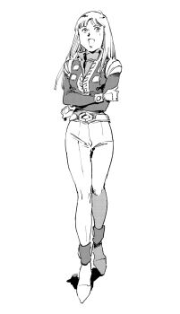 1girl alfin bodysuit crusher_joe full_body gloves greyscale highres jacket long_hair looking_at_viewer monochrome open_mouth retro_artstyle simple_background smile solo standing vest white_background zigharii