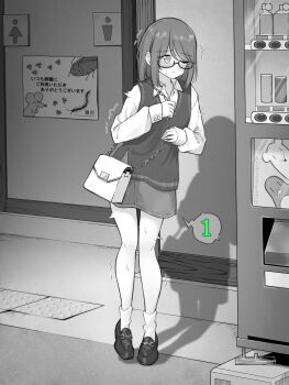 1girl bag closed_mouth commentary_request full_body glasses greyscale highres implied_vibrator kakuremino7928 large_variant_set long_sleeves loose_socks medium_hair miniskirt monochrome original outdoors public_restroom semi-rimless_eyewear shirt shoes shoulder_bag skirt socks solo speech_bubble standing sweater_vest trembling under-rim_eyewear variant_set
