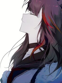 1girl arknights black_choker black_sailor_collar blonde_hair blue_shirt brown_hair camille407 chinese_commentary choker closed_eyes closed_mouth commentary_request from_side fur-trimmed_jacket fur_trim highres jacket long_hair multicolored_hair neckerchief orange_hair portrait profile red_hair red_neckerchief sailor_collar sailor_shirt shirt simple_background solo streaked_hair white_background zima_(arknights)