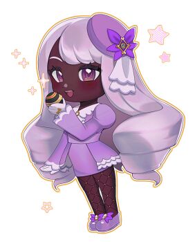 1girl :d blush chibi chibi_only dark-skinned_female dark_skin dress eyelashes fishnet_pantyhose fishnets full_body hand_up happy hat highres holding holding_poke_ball jacinthe_(pokemon) long_sleeves luxury_ball nintendo open_mouth outline pantyhose poke_ball pokemon pokemon_legends:_z-a puffy_sleeves purple_dress purple_eyes purple_hat purple_shoes shepishepu shoes smile solo sparkle standing star_(symbol) teeth tilted_headwear upper_teeth_only white_background