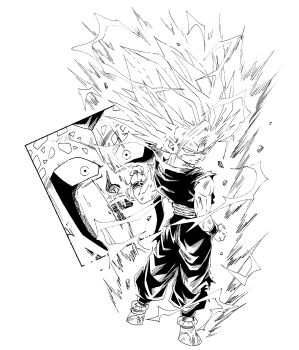 2boys absurdres aura cell_(dragon_ball) clenched_hand dougi dragon_ball dragonball_z electricity fenyon full_body highres holding medium_hair multiple_boys muscular muscular_male sash simple_background solo_focus son_gohan spiked_hair super_saiyan super_saiyan_2 white_background