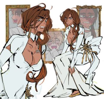 1girl 2boys alien_stage alternate_costume alternate_universe arcorclynn arm_cutout back_bow bow breasts brown_hair cleavage cleavage_cutout clothing_cutout commentary dark-skinned_female dark_skin dress dress_bow earrings english_commentary grey_eyes hair_over_shoulder hair_rings highres hyunwoo_(alien_stage) jewelry long_dress long_hair long_sleeves multiple_boys picture_frame shoes single_earring single_hair_ring sitting white_bow white_dress yellow_shoes