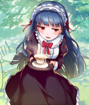 Rule 34 | 10s, 1girl, alternate costume, blue hair, cup, dress, enmaided, idolmaster, idolmaster cinderella girls, long hair, maid, maid headdress, nemeko, open mouth, red eyes, sajo yukimi, smile, teacup