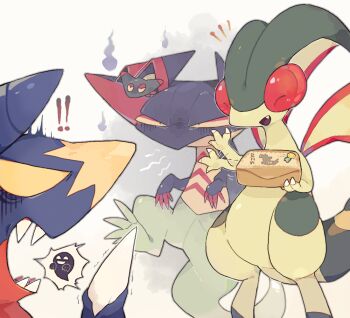 ! !! ^_^ afterimage akadako animal_focus arm_up black_eyes box claws closed_eyes colored_sclera dragapult dreepy facing_another fang floating flygon garchomp gen_3_pokemon gen_4_pokemon gen_8_pokemon grey_outline half-closed_eyes hand_up happy holding holding_box motion_lines nintendo no_humans no_pupils notice_lines open_mouth outline pointing pokemon pokemon_(creature) pokemon_tower_ghost scared sharp_teeth smile speech_bubble spikes spoken_character surprised teeth trembling turn_pale waving yellow_eyes yellow_sclera