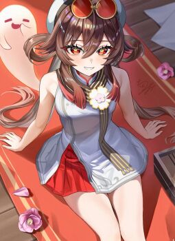 1girl bare_shoulders blush boo_tao_(genshin_impact) brown_hair chinami_(chinamin_02) commentary dress eyewear_on_head feet_out_of_frame flower flower-shaped_pupils genshin_impact hair_between_eyes hat highres hu_tao_(cherries_snow-laden)_(genshin_impact) hu_tao_(genshin_impact) long_hair looking_at_viewer official_alternate_costume pink_flower red-tinted_eyewear red_eyes signature sitting sleeveless sleeveless_dress solo symbol-shaped_pupils tinted_eyewear twintails very_long_hair white_dress white_hat yellow-framed_eyewear