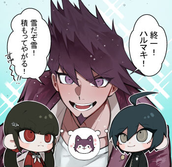 1girl 2boys ahoge anger_vein black_jacket black_sailor_collar blue_background blue_hair blunt_bangs blush_stickers bow bowtie breast_pocket brown_hair buttons chibi closed_mouth coat coat_partially_removed collarbone collared_coat collared_jacket commentary_request danganronpa_(series) danganronpa_v3:_killing_harmony dog double-breasted earrings expressionless facial_hair gaba33 gakuran goatee gradient_background grey_eyes grey_jacket hair_between_eyes hair_ornament hair_scrunchie hairclip happy harukawa_maki high_collar highres infinity_symbol jacket jewelry lapels long_eyelashes long_hair long_sleeves looking_at_another looking_at_viewer low_twintails male_focus momota_kaito multiple_boys notched_lapels open_clothes open_jacket open_mouth outline pinstripe_jacket pinstripe_pattern pocket purple_coat purple_eyes purple_hair red_eyes red_scrunchie red_shirt saihara_shuichi sailor_collar school_uniform scrunchie serafuku shared_speech_bubble shirt short_hair signature sleeve_cuffs smile sparkle speech_bubble spiked_hair spoken_anger_vein straight_hair stud_earrings teeth thought_bubble three-quarter_sleeves translation_request twintails upper_body upturned_eyes water_drop white_bow white_bowtie white_outline white_shirt
