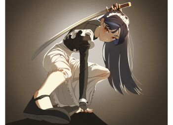 1girl alternate_costume apron arm_support arm_up black_dress black_hair black_shirt black_shoes blue_hair border bridal_gauntlets brown_eyes closed_mouth dress enmaided fingerless_gloves foreshortening frilled_apron frills full_body gloves greeen_891 hand_on_floor hand_on_ground highres holding holding_sword holding_weapon juliet_sleeves katana lilpa long_hair long_sleeves looking_at_viewer looking_to_the_side maid maid_apron maid_headdress mary_janes multicolored_hair orange_eyes outstretched_leg over_shoulder puffy_sleeves red_eyes shadow shirt shoes solo squatting sword virtual_youtuber waktaverse weapon weapon_over_shoulder white_apron white_border