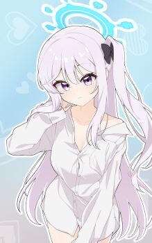1girl :| alternate_costume black_bow blue_archive blue_background bow breasts button_gap closed_mouth collarbone commentary_request densaneraa dress_shirt grey_hair hair_bow halo heart heart_background highres korean_commentary long_hair looking_at_viewer medium_breasts miyako_(blue_archive) one_side_up outline purple_eyes shirt single_bare_shoulder solo thighs very_long_hair white_outline white_shirt