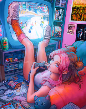 1girl absurdly_detailed_composition artist_name black_shorts blue_eyes brown_hair camera candy_wrapper chips_(food) commentary controller crt double_bun dvd_case e-kid_fashion energy_drink english_commentary feet_against_glass feet_up figure food full_body game_console hair_bun headphones highres holding holding_controller indoors ivyalive lava_lamp loaded_interior lollipop_in_mouth looking_at_viewer looking_back lying on_back on_floor orange_socks original parted_lips pillow pink_socks pink_streaks plate playing_games playstation_2 playstation_controller poke_ball pokemon_card poster_(object) potato_chips print_shirt shirt shoes short_shorts shorts socks solo stuffed_animal stuffed_toy unworn_headphones videocassette_recorder watermark web_address white_shirt white_shoes y2k_fashion