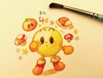 Rule 34 | art tools in frame, boots, commentary request, curry, food, full body, maxim tomato, nintendo, no humans, pac-man, pac-man (game), pac-man eyes, painting (medium), photoshop (medium), simple background, solo, super mushroom, super smash bros., traditional media, translation request, watercolor (medium), yukichi 0611