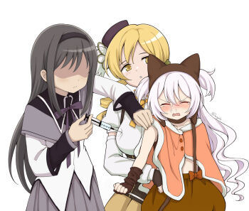 3girls :o akemi_homura akemi_homura_(magical_girl) black_gloves black_hair blonde_hair blush boob_injection_(meme) breasts closed_mouth crying feet_out_of_frame gloves hairband hat injection large_breasts long_hair looking_at_another mahou_shoujo_madoka_magica mahou_shoujo_madoka_magica:_hangyaku_no_monogatari meme momoe_nagisa momoe_nagisa_(magical_girl) multiple_girls purigetsu shirt simple_background standing syringe tomoe_mami tomoe_mami_(magical_girl) white_background white_hair white_shirt yellow_eyes