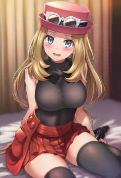 Rule 34 | 1girl, black shirt, black thighhighs, blue eyes, blush, breasts, brown hair, commentary request, embarrassed, eyewear on headwear, hat, highres, indoors, large breasts, long hair, looking at viewer, nintendo, okasa re taii, on bed, open mouth, partial commentary, pink hat, pokemon, pokemon xy, red skirt, serena (pokemon), shirt, skirt, sleeveless, sleeveless shirt, smile, solo, sweat, thighhighs