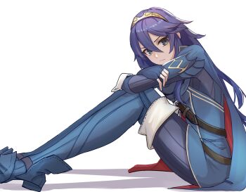 Rule 34 | 1girl, absurdres, amausa subee, blue boots, blue eyes, blue gloves, blue hair, blue pants, blue tunic, boots, breasts, cape, closed mouth, commentary request, fingerless gloves, fire emblem, fire emblem awakening, full body, gloves, hair between eyes, highres, knees up, legs, long hair, long legs, looking at viewer, lucina (fire emblem), nintendo, pants, revision, simple background, sitting, solo, thigh boots, tiara, tunic, two-tone cape, white background