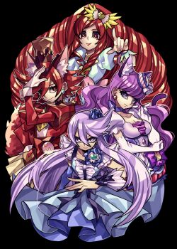 10s 4girls animal_ears black_background black_gloves blue_dress blue_flower blue_gloves blue_rose bow brooch brown_hat brown_neckwear cat_ears cat_tail choker closed_mouth coat color_connection cure_ace cure_chocolat cure_macaron cure_moonlight dog_ears dog_tail dokidoki!_precure dress drill_hair earrings elbow_gloves extra_ears flower food-themed_hair_ornament gloves hair_flower hair_ornament hand_on_own_hip hat heart heart_brooch heart_hair_ornament heartcatch_precure! in-franchise_crossover jewelry juliet_sleeves kenjou_akira kirakira_precure_a_la_mode kotozume_yukari long_hair long_sleeves looking_at_viewer macaron_hair_ornament madoka_aguri magical_girl multiple_girls precure puffy_sleeves purple_bow purple_eyes purple_hair purple_neckwear red_bow red_eyes red_hair rose senmu_(0107) serious short_hair simple_background single_elbow_glove smile swept_bangs tail top_hat tsukikage_yuri waist_bow white_coat white_gloves wrist_cuffs yellow_neckwear