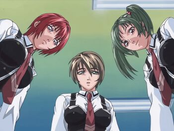 00s 2002 3girls animated animated_gif bible_black bible_black_gaiden bow bowtie breasts brown_hair classroom green_eyes green_hair morita_rie multiple_girls necktie purple_eyes red_hair school school_uniform shido_saki shirt shirts short_hair smile tagme takashiro_hiroko twintails white_shirt