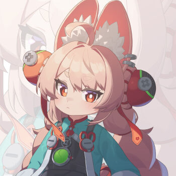 1girl :&lt; absurdres accessories ahoge animal_ear_fluff animal_ears blush bright_pupils chinese_clothes closed_mouth commentary commentary_request ear_piercing english_commentary furry furry_female green_shirt hair_intakes highres lmonster_guai long_hair looking_at_viewer medallion mixed-language_commentary piercing pink_fur pink_hair rabbit_girl red_eyes screw shirt short_eyebrows solo thick_eyebrows twintails upper_body white_pupils zenless_zone_zero zhao_(zenless_zone_zero) zoom_layer