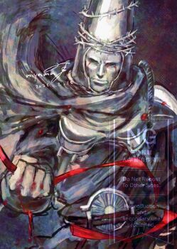 1boy armor blasphemous blood bloody_tears dated gloves helmet highres holding holding_ribbon male_focus mask miyama_(lacrima01) penitent_one red_ribbon ribbon scarf shoulder_armor signature solo watermark