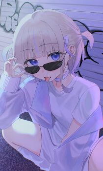 1girl :p absurdres adjusting_eyewear blonde_hair choker commentary_request highres hololive hololive_dev_is jacket kashio_(92984798) looking_at_viewer multicolored_hair off_shoulder purple_choker purple_eyes purple_streaks shirt short_hair short_sleeves socks solo streaked_hair sunglasses t-shirt todoroki_hajime todoroki_hajime_(1st_costume) tongue tongue_out two_side_up virtual_youtuber white_jacket white_shirt white_socks