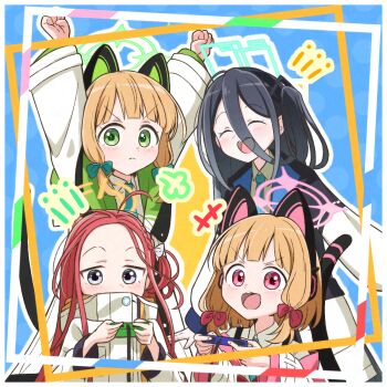 4girls absurdly_long_hair adversarial_noise ahoge animal_ear_headphones animal_ears aqua_halo aris_(blue_archive) black_hair black_hairband blonde_hair blue_archive blue_background blue_eyes blue_halo blue_necktie blush border bow braid cat_ear_headphones cat_ears cat_tail closed_eyes commentary controller dotted_background fake_animal_ears fake_tail forehead game_controller game_development_department_(blue_archive) green_bow green_eyes green_halo hair_between_eyes hair_bow hairband halo headphones highres holding holding_controller holding_game_controller jacket kutzuha long_hair long_hair_between_eyes long_sleeves looking_at_viewer low-tied_sidelocks midori_(blue_archive) momoi_(blue_archive) multiple_girls necktie one_side_up open_mouth orange_halo outline pink_halo rectangular_halo red_eyes red_hair shirt short_hair siblings sidelocks sisters smile tail twins upper_body very_long_hair white_border white_jacket white_outline white_shirt yellow_halo yuzu_(blue_archive)