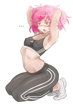 ... 1girl absurdres adidas arched_back armpits arms_behind_head arms_up artist_name black_pants black_sports_bra blush bob_cut breasts commentary covered_erect_nipples doki_doki_literature_club double_vertical_stripe dripping embarrassed emiillb english_commentary exercising eyelashes fang from_side full_body hair_ornament hair_ribbon highres kneeling looking_ahead looking_down loose_hair_strand messy_hair midriff natsuki_(doki_doki_literature_club) navel nose_blush open_mouth pants pink_eyes pink_hair pink_ribbon ribbon shoes short_eyebrows short_hair signature simple_background skin_fang small_breasts sneakers solo sports_bra squatting sweat sweatpants swept_bangs thick_eyebrows triple_vertical_stripe twitter_username two_side_up very_sweaty white_background white_shoes white_trim x_hair_ornament
