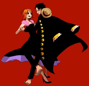 1boy 1girl black_hair dancing hat monkey_d._luffy nami_(one_piece) one_piece one_piece:_strong_world orange_hair pairing rinkufuri short_hair straw_hat
