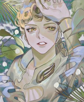 Rule 34 | 1boy, blonde hair, braid, braided ponytail, commentary, flower, giorno giovanna, jojo no kimyou na bouken, leaf, long hair, masakenme, solo, vento aureo, white flower, yellow eyes