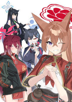 4girls absurdres awei_(aweirua) black_hair blue_archive breasts brown_hair china_dress chinese_clothes dress highres kaguya_(kuroinu) large_breasts mask multiple_girls red_hair reijo_(blue_archive) rumi_(blue_archive) shun_(blue_archive) simple_background white_background