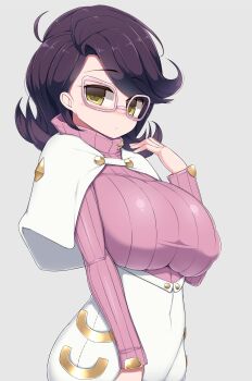 1girl absurdres alternate_eye_color arm_at_side big_hair breasts buttons capelet commentary_request glasses hand_up high-waist_skirt highres large_breasts long_sleeves medium_skirt nintendo pencil_skirt pink-framed_eyewear pink_sweater pokemon pokemon_sm purple_hair ribbed_sweater sawati short_hair skirt solo sweater sweater_guard turtleneck turtleneck_sweater white_capelet white_skirt wicke_(pokemon) yellow_eyes