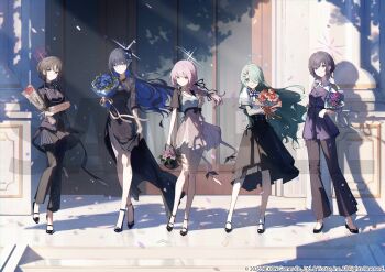 Rule 34 | 5girls, absurdres, aqua hair, arius squad (blue archive), atsuko (blue archive), basket, black dress, black hair, black jacket, black overskirt, black pants, black ribbon, black skirt, blue archive, blue eyes, blue hair, blue halo, bouquet, braid, brown eyes, brown hair, colored inner hair, commentary request, copyright notice, cropped jacket, crossed arms, dappled sunlight, dress, flower, flower basket, flower request, hair flower, hair ornament, hair ribbon, halo, high heels, highres, holding, holding basket, holding flower, jacket, kyaroru, long hair, misaki (blue archive), multicolored hair, multiple girls, official art, pants, pink skirt, ponytail, purple eyes, purple hair, purple halo, purple shirt, red eyes, red flower, red halo, ribbon, sample watermark, saori (blue archive), shirt, short hair, short ponytail, short sleeves, single braid, skirt, standing, standing on one leg, subaru (blue archive), sunlight, two-tone hair, watermark, white shirt