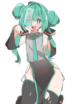 Rule 34 | 1girl, absurdres, alternate costume, aqua eyes, aqua hair, aqua necktie, aqua trim, black dress, black sleeves, black thighhighs, blush, bright pupils, collared dress, detached sleeves, double bun, dress, ghost pose, gradient clothes, gradient dress, grey dress, hair bun, hair ornament, halloween, halloween costume, hands up, hatsune miku, highres, kneeling, knees out of frame, long hair, looking at viewer, necktie, ofuda, ofuda on head, one eye covered, open mouth, pelvic curtain, sharp teeth, sideless dress, simple background, sleeveless, sleeveless dress, solo, straight-on, teeth, thighhighs, thighs, tongue, tongue out, torn clothes, torn thighhighs, translation request, twintails, upper teeth only, uruti 2388, vocaloid, white background, white pupils, wide sleeves