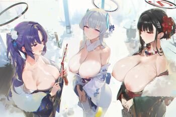 3girls alternate_costume bare_shoulders black_hair black_kimono blue_archive blue_eyes blue_hair blue_kimono blush breasts cleavage closed_mouth floral_print hair_ornament hairclip halo holding japanese_clothes kimono large_breasts long_hair long_sleeves looking_at_viewer misaka_12003-gou multiple_girls nipples noa_(blue_archive) off_shoulder open_mouth purple_eyes red_eyes rio_(blue_archive) sidelocks smile white_hair white_kimono yuuka_(blue_archive)