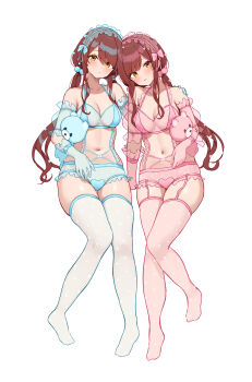 2girls absurdres babydoll blue_panties blush breasts brown_eyes brown_hair comiket_107 commentary_request detached_sleeves full_body garter_belt garter_straps hair_ornament hairband highres holding holding_stuffed_toy idolmaster idolmaster_shiny_colors lolita_hairband long_hair looking_at_viewer medium_breasts multiple_girls navel osaki_amana osaki_tenka panties pink_panties pink_thighhighs pom_pom_(clothes) pom_pom_hair_ornament see-through_clothes see-through_sleeves siblings simple_background sisters smile stuffed_animal stuffed_toy teddy_bear thighhighs twins twintails underwear underwear_only wanitaroo._(waniwani_panic) white_background white_thighhighs