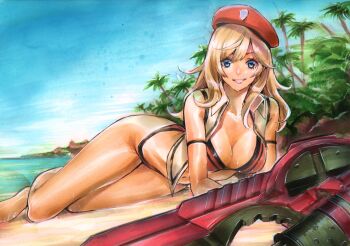 1girl alisa_ilinichina_amiella beach beret bikini blonde_hair breasts coconut_tree god_eater hashtag-only_commentary hat highres huge_weapon long_hair looking_at_viewer lying on_side palm_tree panties red_bikini red_hat red_panties rodrigo_yoshimiya sleeveless sleeveless_jacket smile swimsuit tree tropical underwear weapon