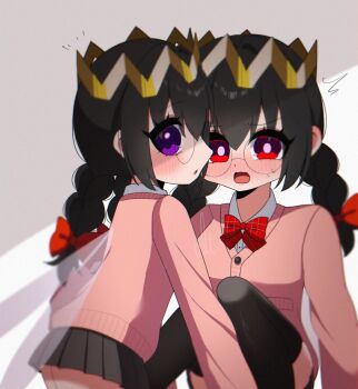 Rule 34 | 1girl, alt 0218, alternate costume, black hair, braid, commentary, crown, dual persona, glasses, highres, kirby (series), kirby 64, long hair, looking at viewer, low twin braids, nintendo, purple eyes, red eyes, ripple star queen, simple background, twin braids, untranslatable commentary, wings