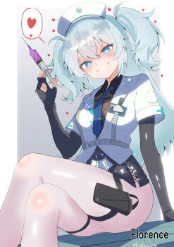 1girl absurdres artist_name black_gloves black_skirt blue_eyes blue_hair blue_necktie bright_pupils character_name commentary_request crossed_legs fingerless_gloves florence_(girls&#039;_frontline_2) girls&#039;_frontline girls&#039;_frontline_2:_exilium gloves gradient_background grey_background grin hat heart heart-shaped_pupils highres holding holding_syringe holster jacket long_hair looking_at_viewer necktie nurse_cap pa-15_(girls&#039;_frontline) simple_background sitting skirt smile solo speech_bubble spoken_heart symbol-shaped_pupils syringe tesura_(teslamk2) thigh_holster two_side_up white_background white_jacket white_pupils