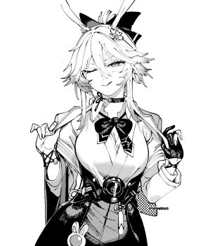 1girl bow bowtie breasts choker cleavage commentary dated_commentary evanescia_(honkai:_star_rail) highres honkai:_star_rail honkai_(series) large_breasts licking_lips medium_breasts one_eye_closed otimusyairoha simple_background solo tagme tongue tongue_out white_background
