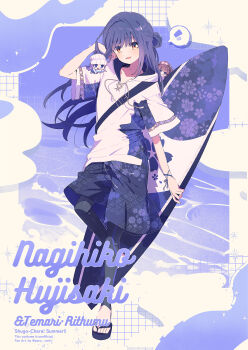 1girl 2boys alternate_costume artist_name black_hair black_leggings black_ribbon black_sandals black_shorts blue_background border character_name chibi chibi_on_shoulder commentary_request copyright_name copyright_notice dot_nose floral_print fujisaki_nagihiko hair_bun highres holding holding_chibi holding_surfboard hood hood_down hoodie leg_up leggings light_blush long_hair looking_at_viewer male_focus mini_person miniboy minigirl multiple_boys open_mouth outside_border rhythm_(shugo_chara!) ribbon sandals serizawa_serizane short_sleeves shorts shugo_chara! single_hair_bun smile solo_focus sparkle spoken_notice_lines standing surfboard temari_(shugo_chara!) toes water white_border white_hoodie wide_sleeves wrist_ribbon yellow_eyes