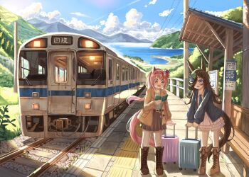 2girls blue_sky book boots brown_boots cloud commentary_request day haru_urara_(umamusume) highres holding holding_book jacket knee_boots lace-up_boots mountain multiple_girls natsuki_(digretking) open_clothes open_jacket outdoors pleated_skirt railroad_tracks rice_shower_(umamusume) rolling_suitcase shore skirt sky standing suitcase train train_station_platform umamusume