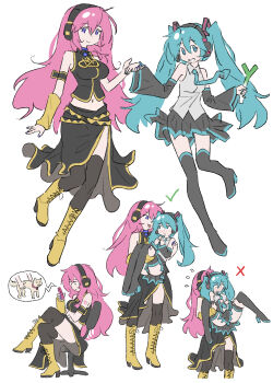 2girls black_thighhighs blue_eyes blue_hair blush boots carrying carrying_person embarrassed hatsune_miku highres holding_hands megurine_luka multiple_girls pink_hair princess_carry sitting spring_onion thighhighs tongue tongue_out truffleduster vocaloid you're_doing_it_wrong yuri