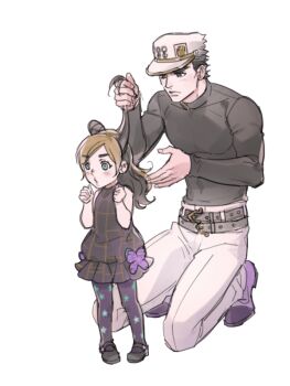 1boy 1girl adjusting_another&#039;s_hair animated animated_gif belt black_hair blue_eyes blush brown_hair butterfly_ornament child diamond_wa_kudakenai double_bun dress father_and_daughter twirling_hair hat jojo_no_kimyou_na_bouken kneeling kuujou_jolyne kuujou_joutarou long_hair multicolored_hair pants pantyhose reammara shirt shoes short_hair simple_background sleeveless sleeveless_dress sparkle spinning star_(symbol) star_print stone_ocean thighhighs tying_hair unmoving_pattern white_background aged_down