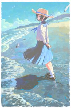 Rule 34 | 1girl, absurdres, arms behind back, beach, bird, black hair, black shoes, blue eyes, blue neckerchief, blue sailor collar, blue skirt, blue sky, commentary request, day, feel (nasitaki), full body, hat, highres, loafers, long sleeves, medium skirt, neckerchief, ocean, original, outdoors, sailor collar, sand, scenery, school uniform, seagull, serafuku, shoes, short hair, skirt, sky, socks, solo, standing, straw hat, water, white socks