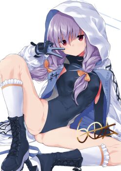 1girl arm_support ass atsuko_(blue_archive) blue_archive boots braid breasts coat combat_boots hair_between_eyes halo hood hood_up jacket leotard loli low_twin_braids purple_hair red_eyes see-through_clothes see-through_coat see-through_jacket shirota_dai simple_background sitting small_breasts spread_legs twin_braids unitard v white_background white_jacket