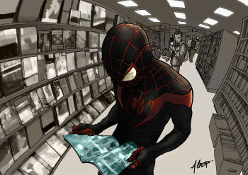 1boy 2014 absurdres animal_print artist_name black_bodysuit bodysuit bookshelf bookstore cellphone commentary english_commentary highres holding holding_magazine holding_paper holding_phone magazine_(object) male_focus marvel mask multicolored_bodysuit multiple_boys paper phone print_bodysuit reading red_bodysuit shelf shop signature silk smartphone solo_focus spider-man_(miles_morales) spider-man_(series) spider_print spider_web spider_web_print superhero_costume tonytorrid two-tone_bodysuit