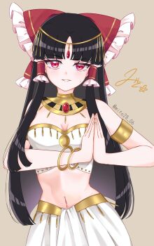 1girl absurdres alternate_costume ancient_egyptian_clothes black_hair bow breasts circlet commentary_request dancing egyptian_trend_(meme) forehead_jewel frilled_bow frills gem gold gold_bracer gold_circlet hair_bow hakurei_reimu happy highres long_hair looking_at_viewer meme midriff mito_(fate) navel own_hands_clasped own_hands_together palms_together parted_lips red_bow red_eyes sidelocks signature simple_background skirt solo stomach strapless swaying_hip touhou tube_top twitter_username usekh_collar very_long_hair white_skirt white_tube_top
