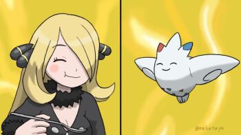 1girl :t black_coat blonde_hair blush_stickers breasts cleavage closed_eyes coat commentary_request cynthia_(pokemon) eating eyelashes fur-trimmed_coat fur_collar fur_trim gen_4_pokemon hair_ornament hair_over_one_eye holding holding_spoon long_hair mao_yang_yi nintendo pokemon pokemon_(creature) pokemon_dppt scene_reference smile split_screen spoon togekiss upper_body