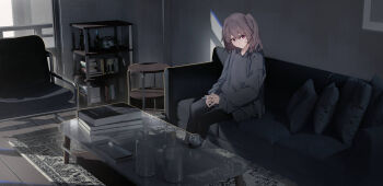 1girl absurdres baggy_clothes black_hoodie black_pantyhose book brown_hair commentary couch dispersion_(optics) dot_nose drawstring english_commentary glass_table hair_between_eyes highres hood hoodie indoors light_smile looking_at_viewer on_couch one_side_up original own_hands_together pantyhose pillow raitho red_eyes rug short_hair sitting solo table window_shadow