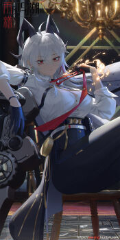 1girl adjusting_clothes adjusting_necktie ahoge black_choker black_gloves black_horns black_pants black_shoes breasts button_gap chest_harness choker closed_mouth collared_shirt commentary_request crossed_legs curled_horns gloves grey_hair hair_between_eyes harness high-waist_pants high_heels highres horns indoors large_breasts long_hair looking_at_viewer multicolored_hair necktie pants partial_commentary rain_sama red_eyes red_necktie shield shirt shirt_tucked_in shoes solo streaked_hair tight_clothes tight_pants white_shirt wuthering_waves zani_(wuthering_waves)