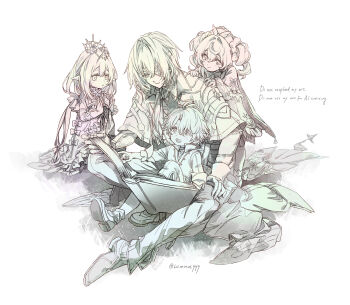 2boys 2girls aged_down anaxa_(honkai:_star_rail) book bow cape capelet castorice_(honkai:_star_rail) commentary_request dress drill_hair eyepatch hair_over_one_eye hat head_wreath highres honkai:_star_rail honkai_(series) hyacine_(honkai:_star_rail) knee_up leaning_forward light_smile long_hair long_sleeves looking_at_another looking_up lv_minus999 multiple_boys multiple_girls open_book pants phainon_(honkai:_star_rail) pointy_ears ponytail reading sitting sitting_on_lap sitting_on_person twin_drills twitter_username watermark