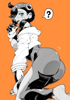 1girl ? absurdres ass blue_eyes blush bodysuit bodysuit_under_clothes breasts commentary cropped_jacket dark-skinned_female dark_skin emma_(pokemon) feet_out_of_frame from_side greyscale_with_colored_background highres jacket looking_at_viewer medium_breasts nintendo off_shoulder open_clothes open_jacket open_mouth orange_background poke_ball poke_ball_(basic) pokemon pokemon_legends:_z-a ring_hair_ornament short_hair simple_background skin_tight solo spoken_question_mark spot_color sweat two-sided_gloves yotsumi_shiro