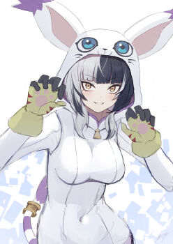 Rule 34 | 1girl, animal hood, black hair, breasts, cat hood, cat paw, claw pose, commentary, covered navel, digimon, digimon adventure, gloves, grin, highres, hololive, hololive english, hood, hoodie, large breasts, looking at viewer, medium hair, multicolored hair, punished pigeon, purple tail, sanpaku, shiori novella, smile, solo, split-color hair, tail, tail ornament, tail ring, tailmon, teeth, two-tone hair, two-tone tail, virtual youtuber, white background, white hair, white hood, white hoodie, white tail, yellow eyes, yellow gloves